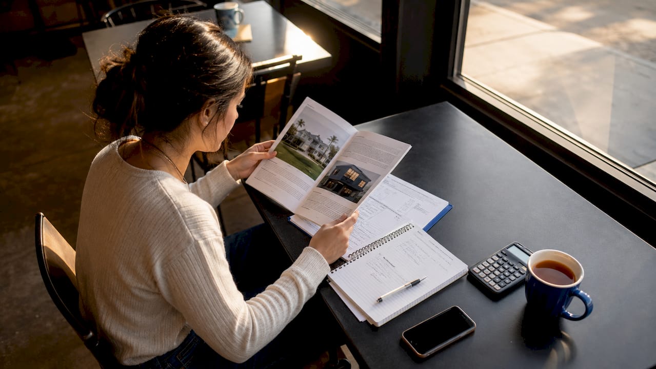 Woman studying real estate investing guide at home