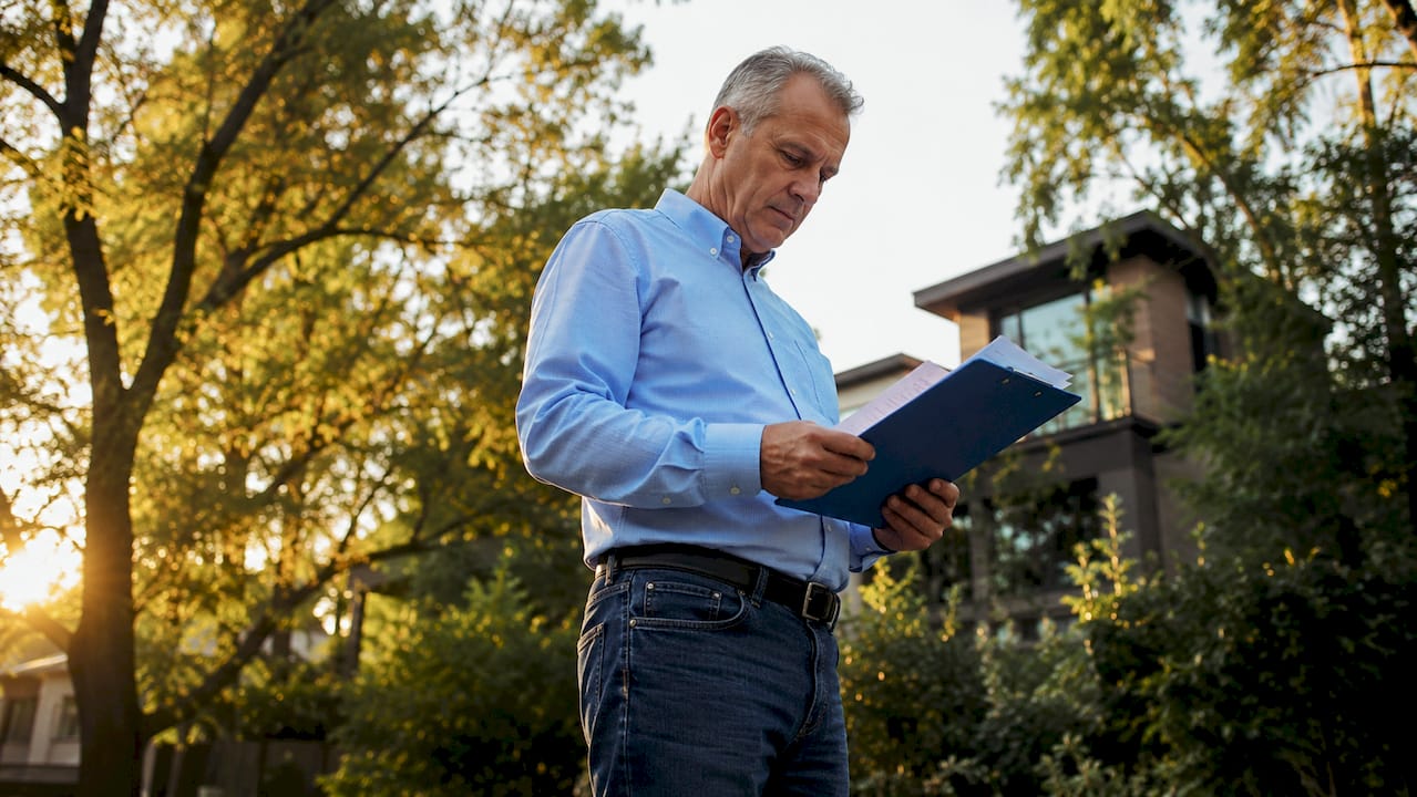 Man inspecting rental property outdoors