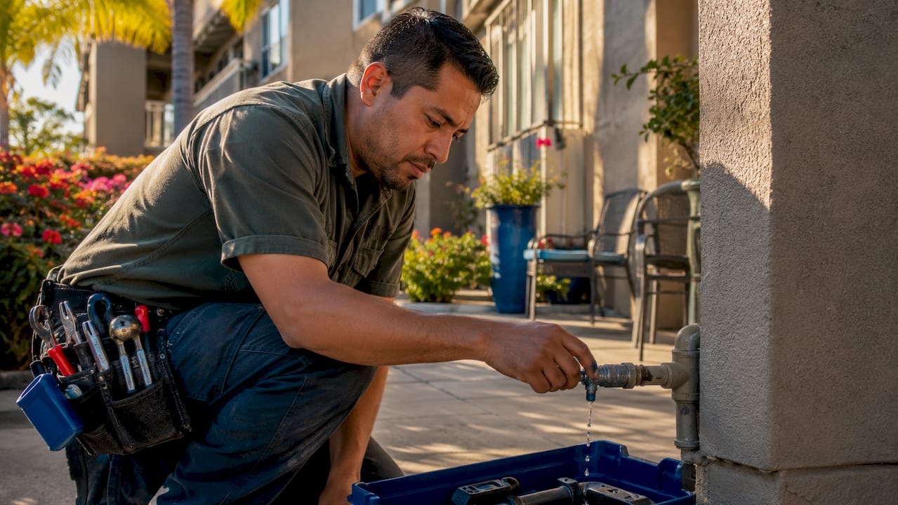 Handyman inspecting apartment pipe for maintenance