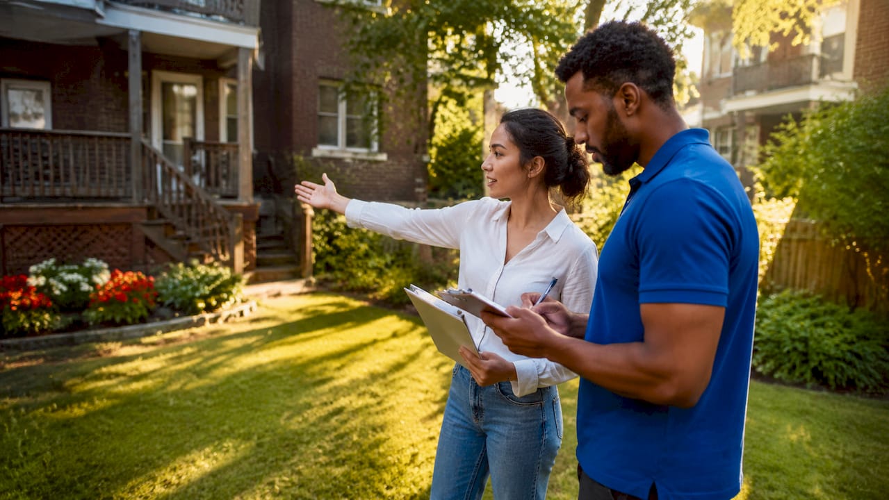 Couple inspecting multifamily rental property exterior