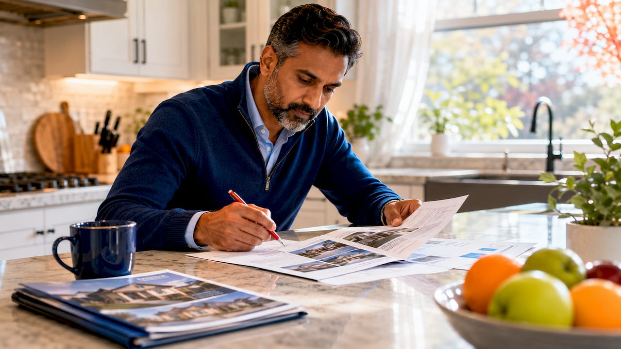 Investor reviewing real estate documents at desk