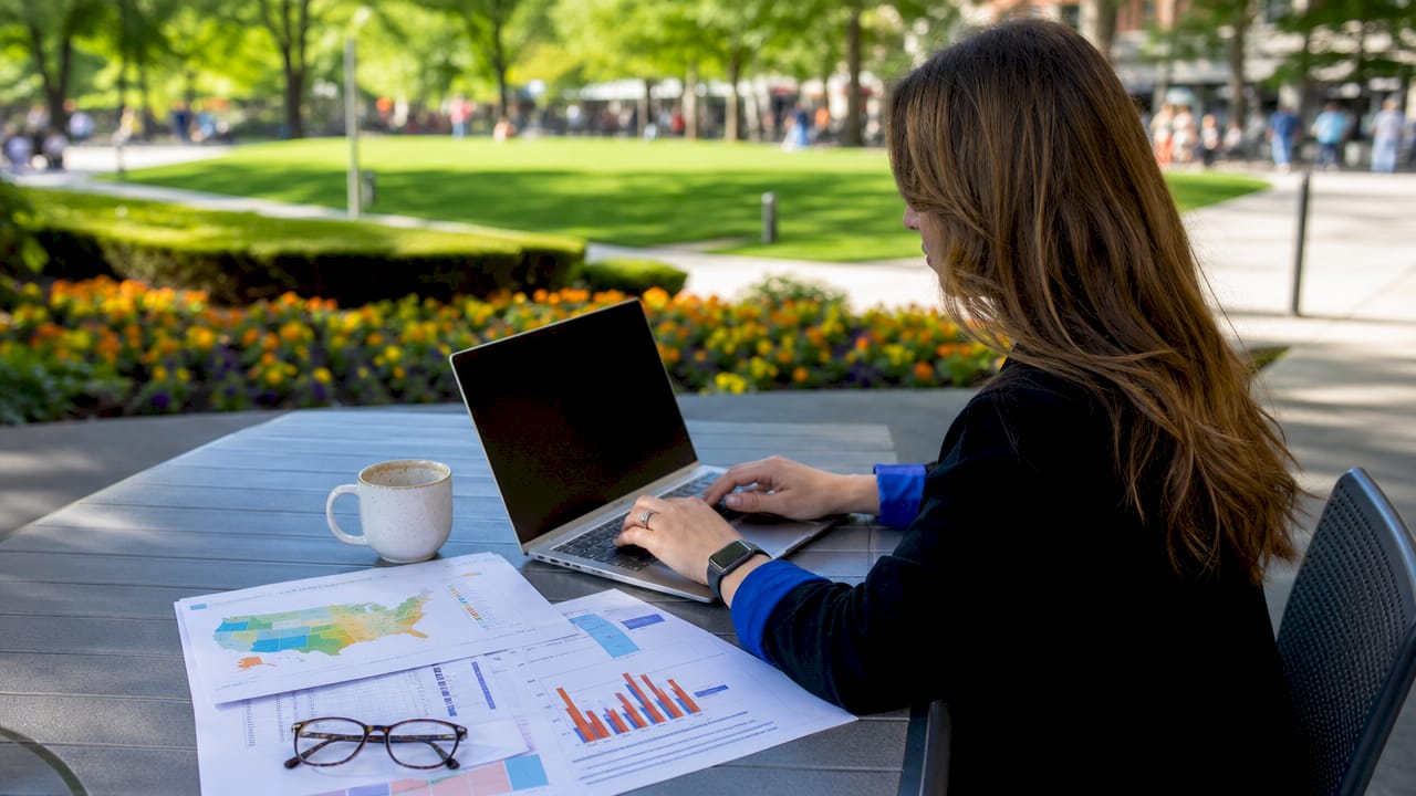 Hands typing beside home price report