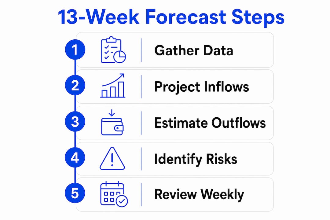 Infographic detailing 13-week cash flow forecasting steps