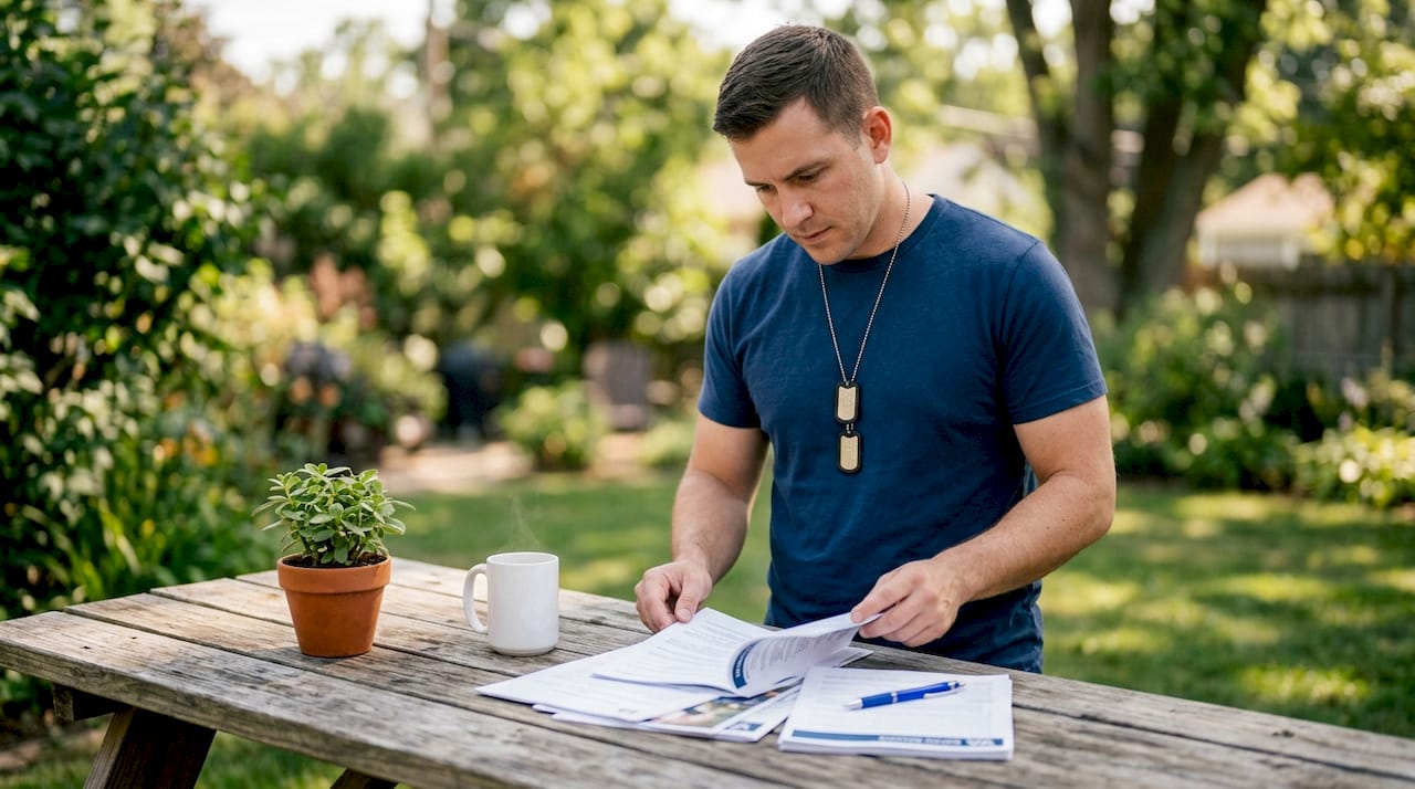 Veteran studying real estate career materials at home