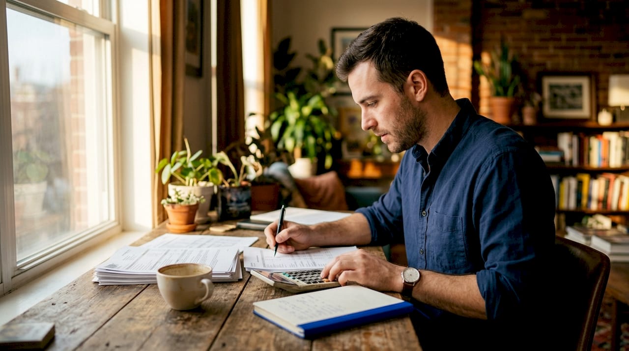 Investor reviewing house hacking loan documents in kitchen