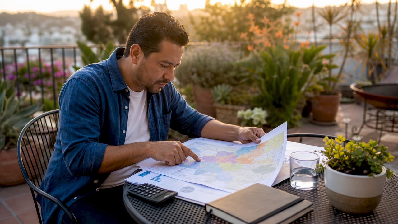 Man evaluating rental property documents from above
