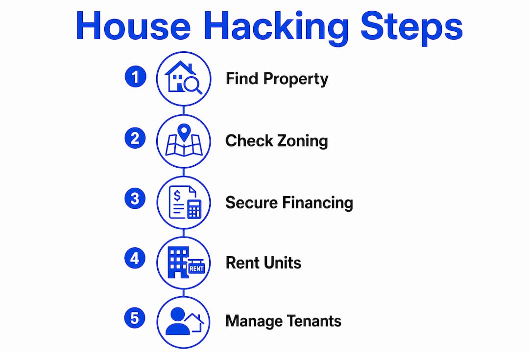Infographic illustrating house hacking financing and setup steps