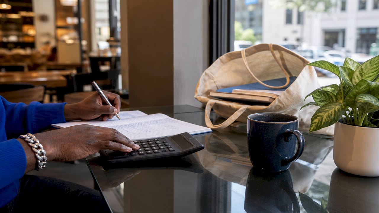 Close-up of landlord managing finances with calculator
