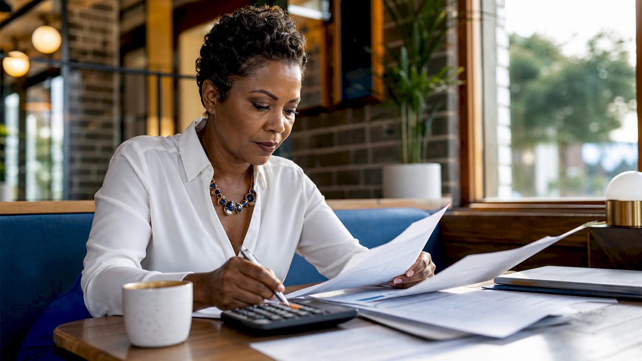 Landlord reviewing financial documents at home