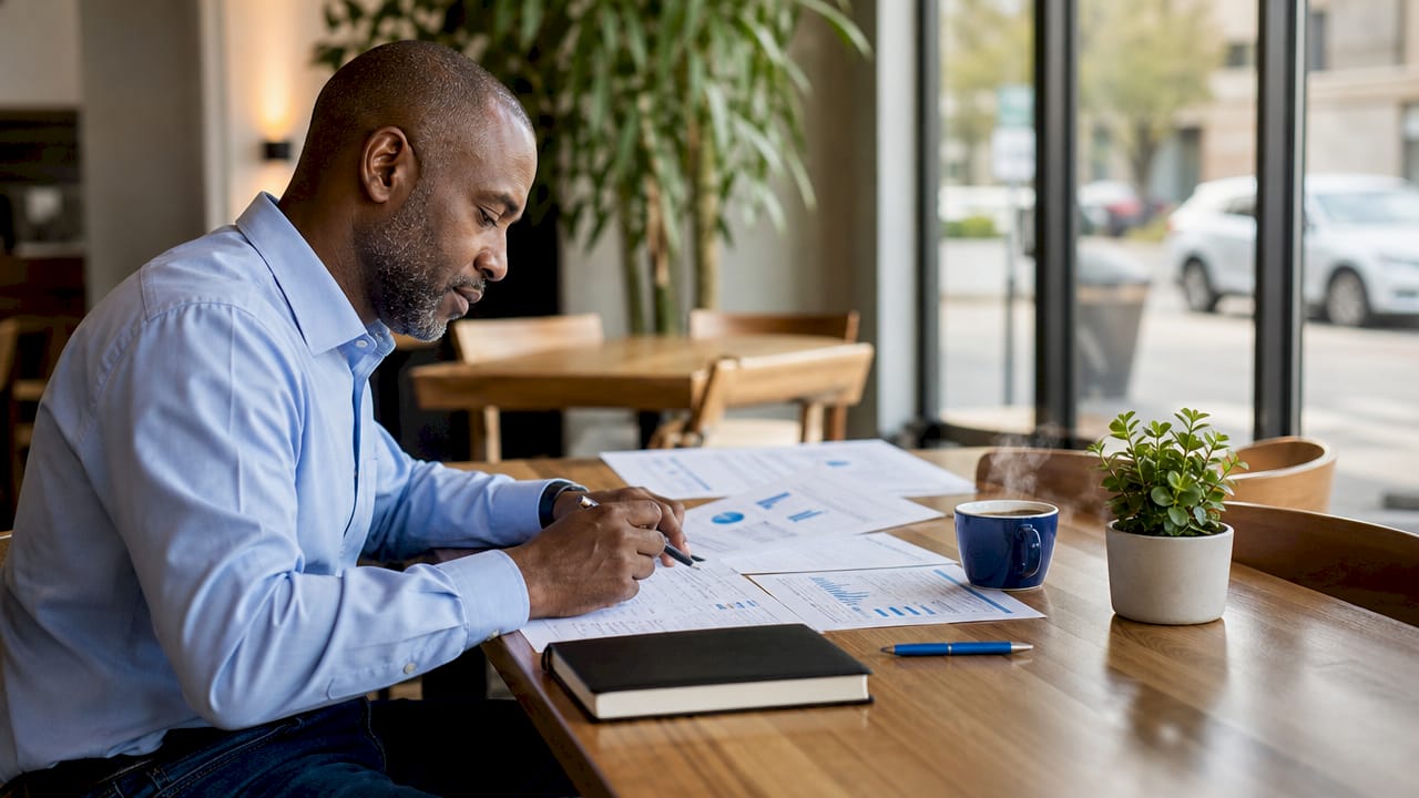 Man managing finances at home office desk