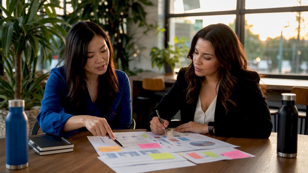 Two women discussing investment strategies indoors