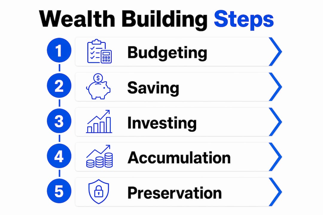 Infographic illustrating five stages of wealth building