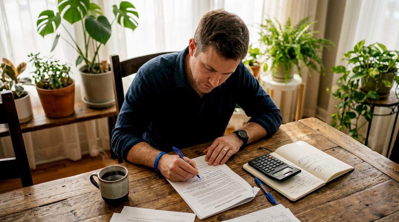 Investor reviewing property financing agreement