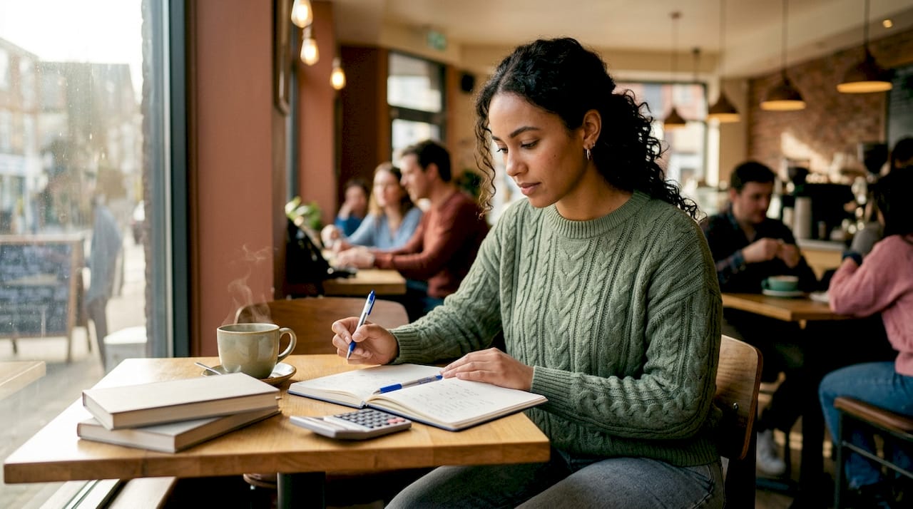 Young woman reviewing beginner investing materials at home