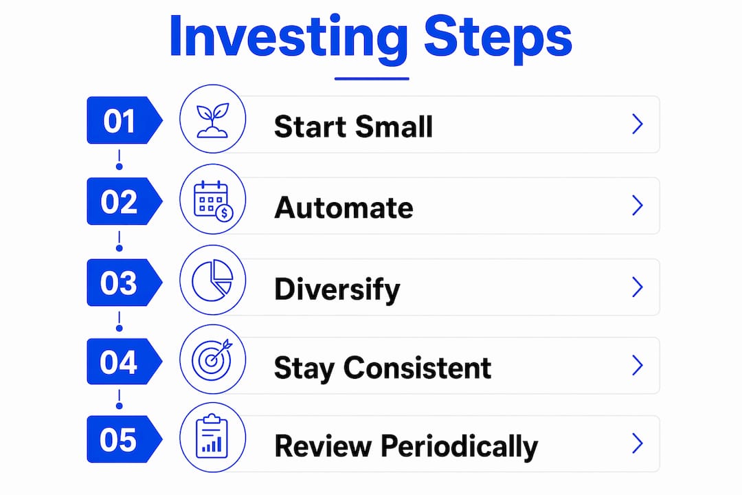 Infographic showing five key steps for beginner investing