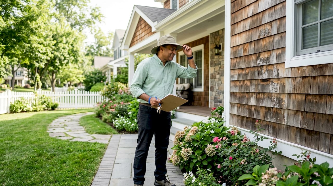 Investor inspecting rental property exterior