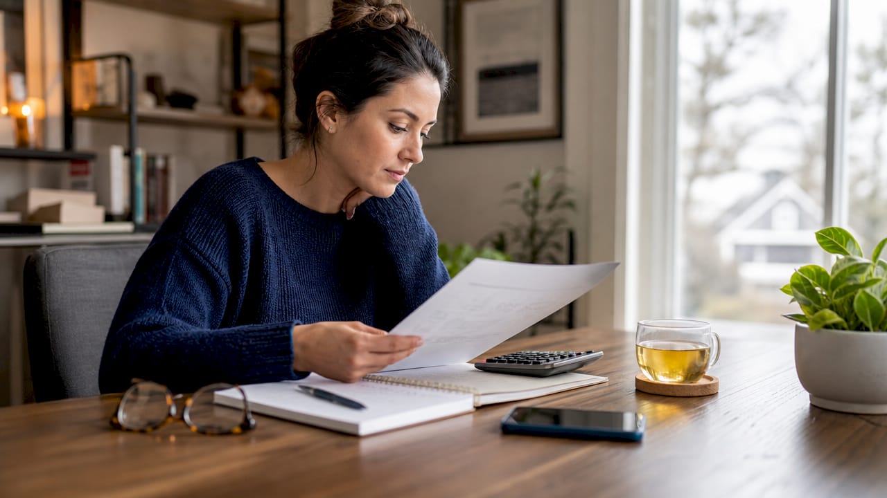 Woman reviewing debt payoff plan at kitchen table