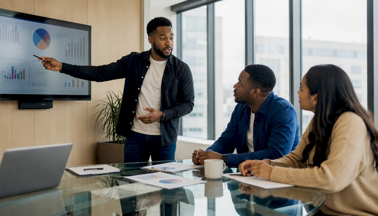 Property manager with couple reviewing tenant screening