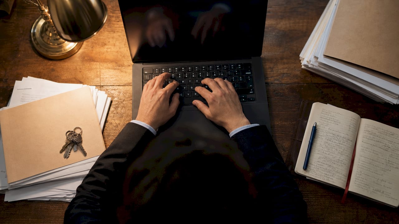 Hands typing on laptop in property management office