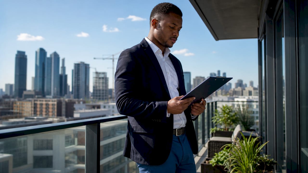 Property manager in residential lobby reviewing agreement