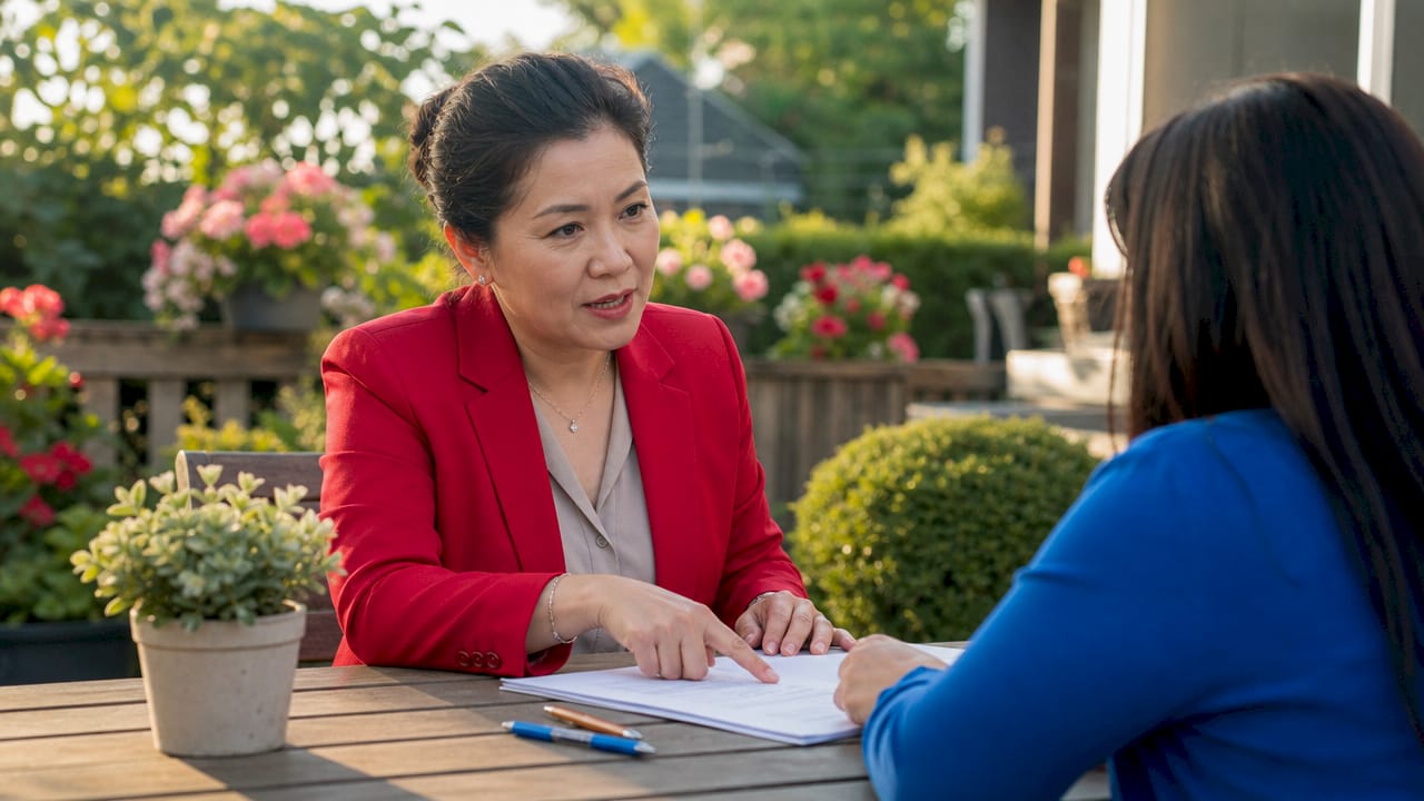 Woman reviewing property management contract at desk