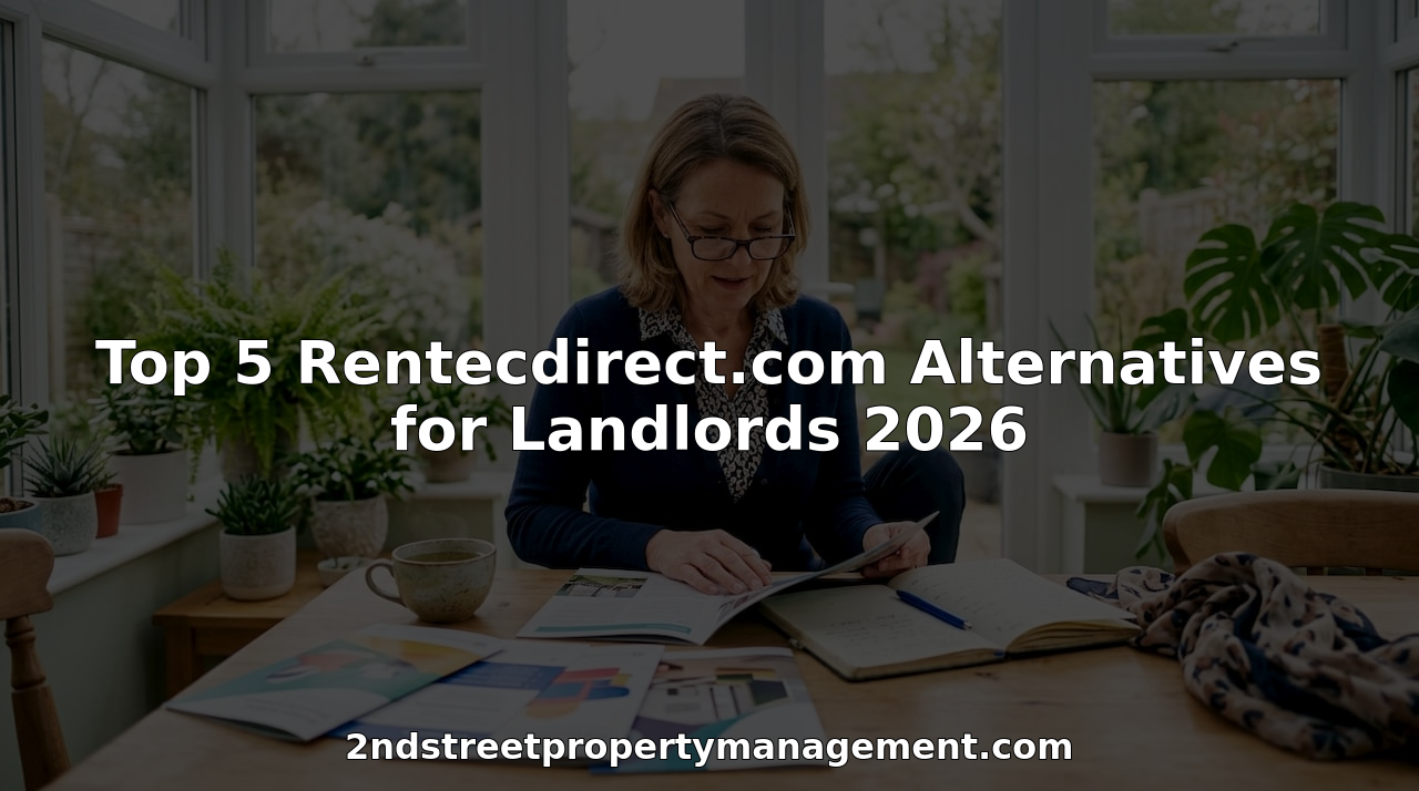 Landlord comparing property management company brochures at kitchen table