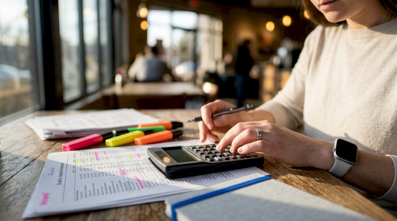 Close-up of hands calculating rental income data
