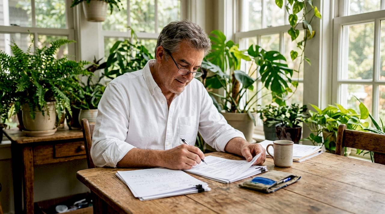 Landlord reviewing maintenance documents at home