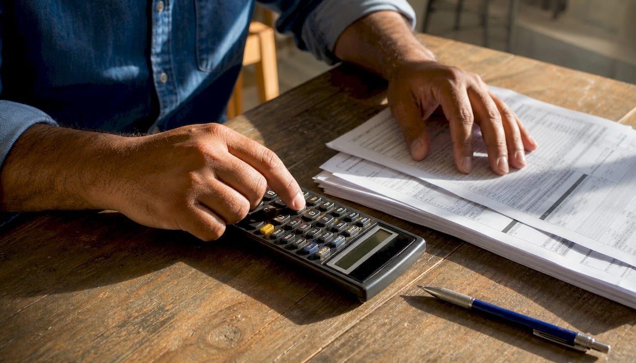 Hands calculating rental depreciation at desk