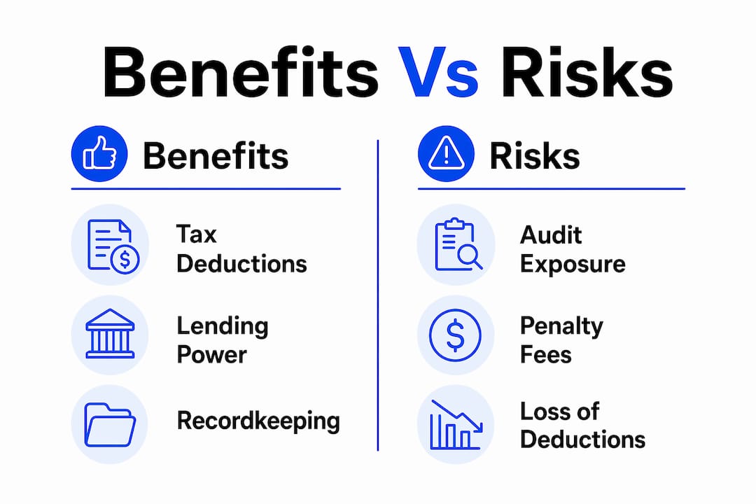 Infographic comparing benefits and risks of rental income reporting