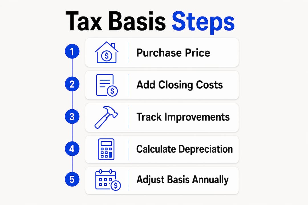 Infographic showing rental property tax basis calculation steps