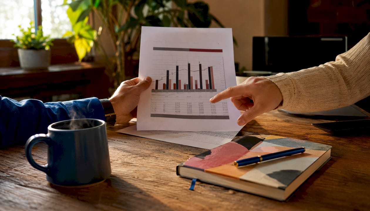 Hands comparing real estate investment data