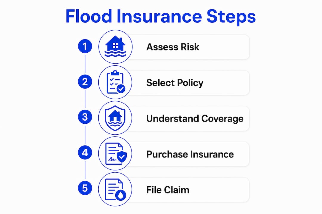 Infographic showing five steps of flood insurance process