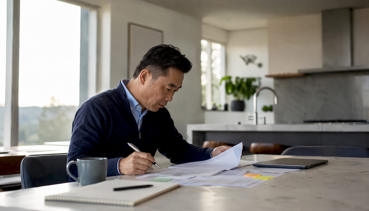 Investor reviewing rental loan documents at desk