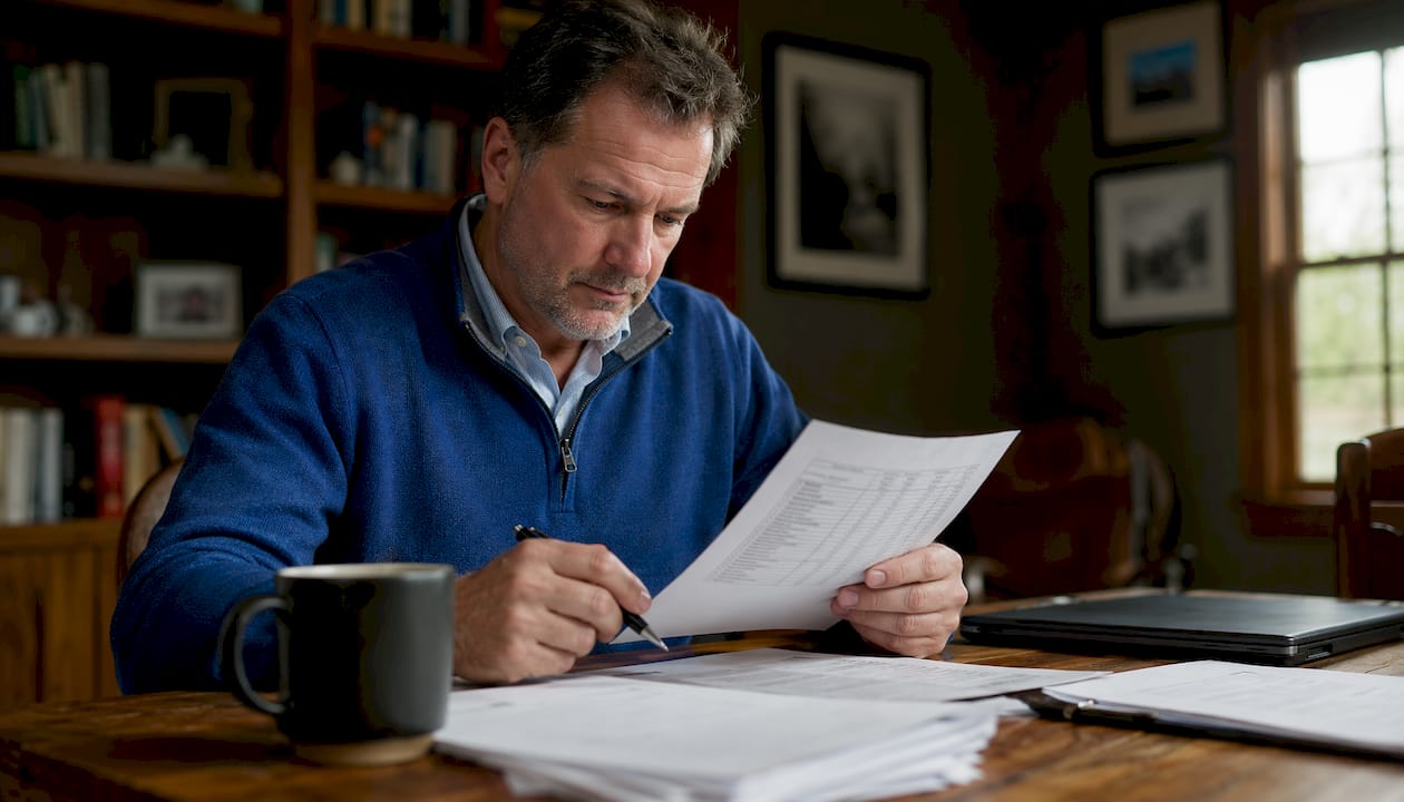 Landlord reviewing rent ledger document