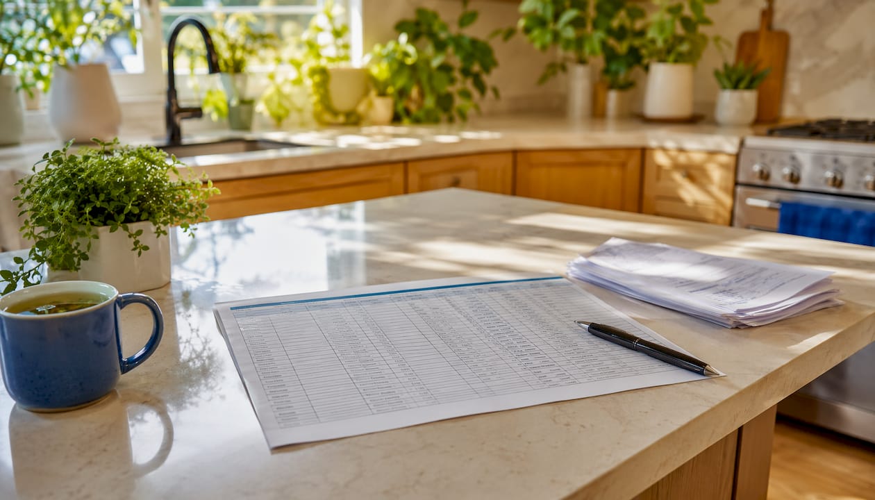 Close-up of rent ledger spreadsheet on desk