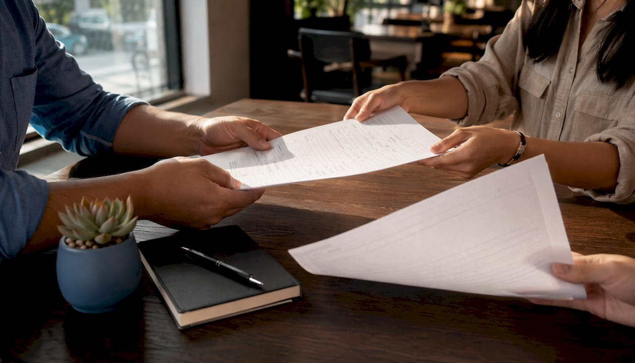 Hands exchanging tenant repair and landlord response forms