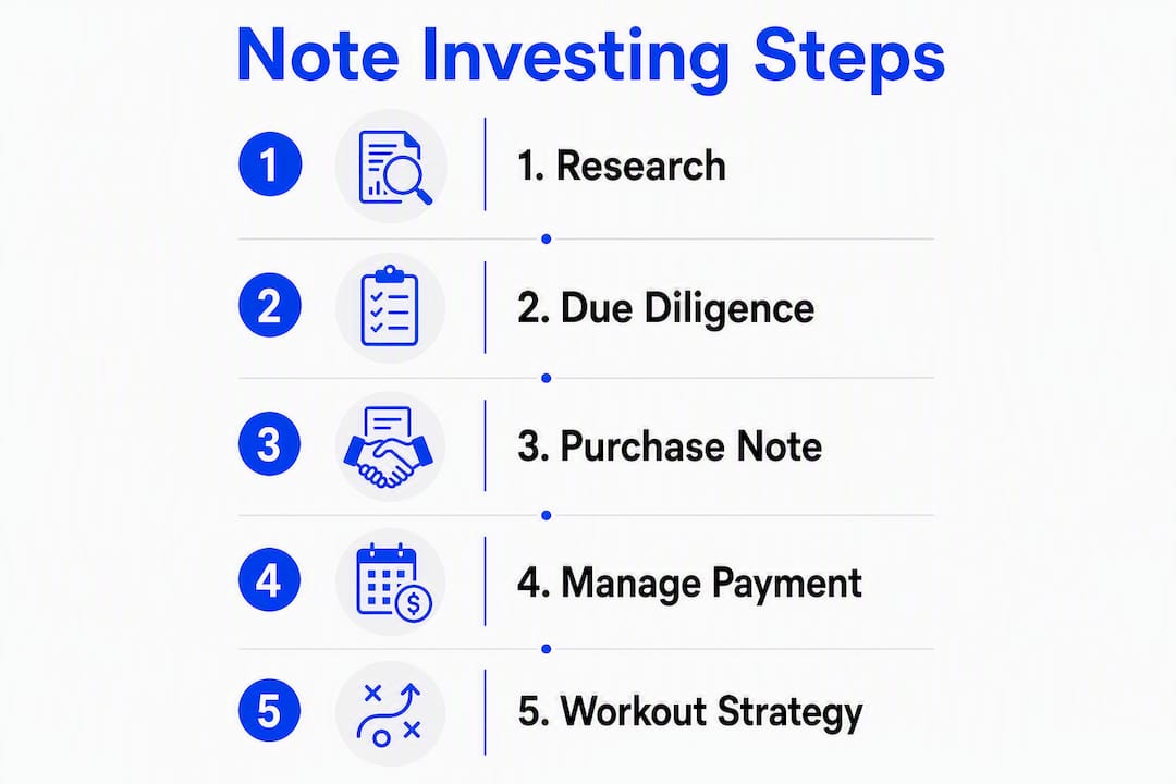 Infographic detailing five steps of real estate note investing