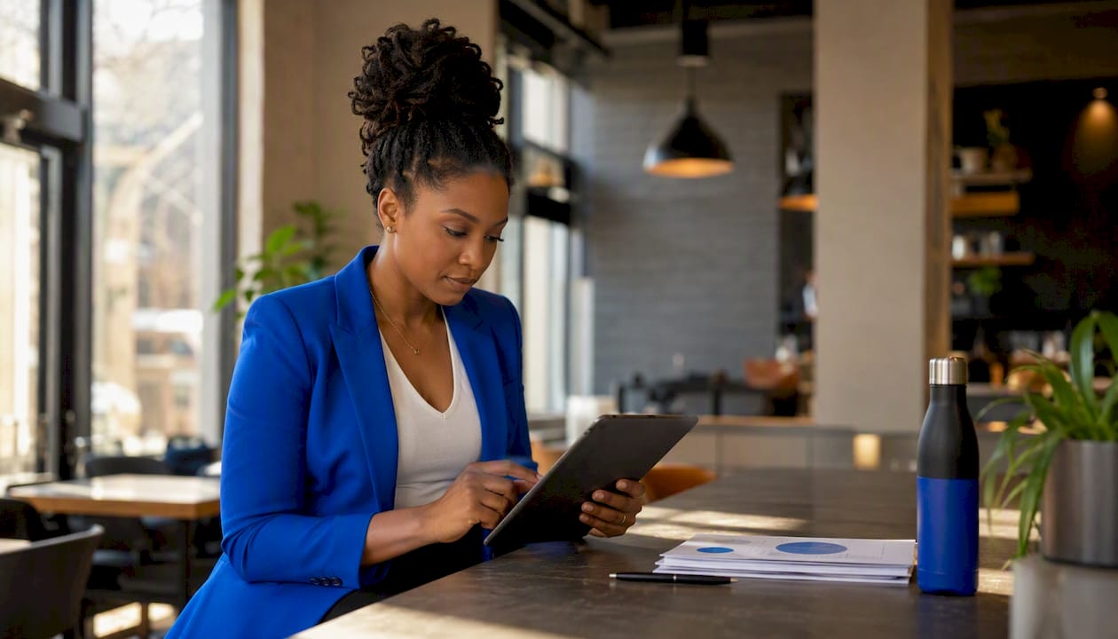 Investor researching deal sourcing platforms on tablet