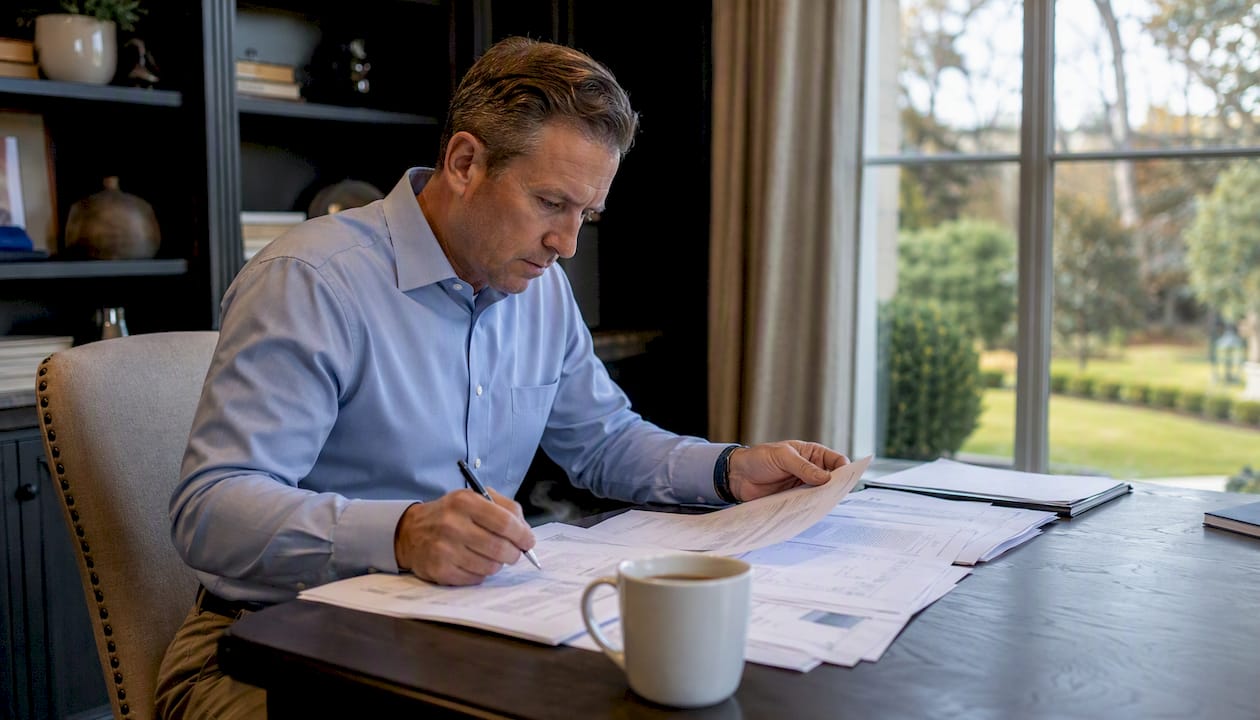 Investor analyzing property records in office