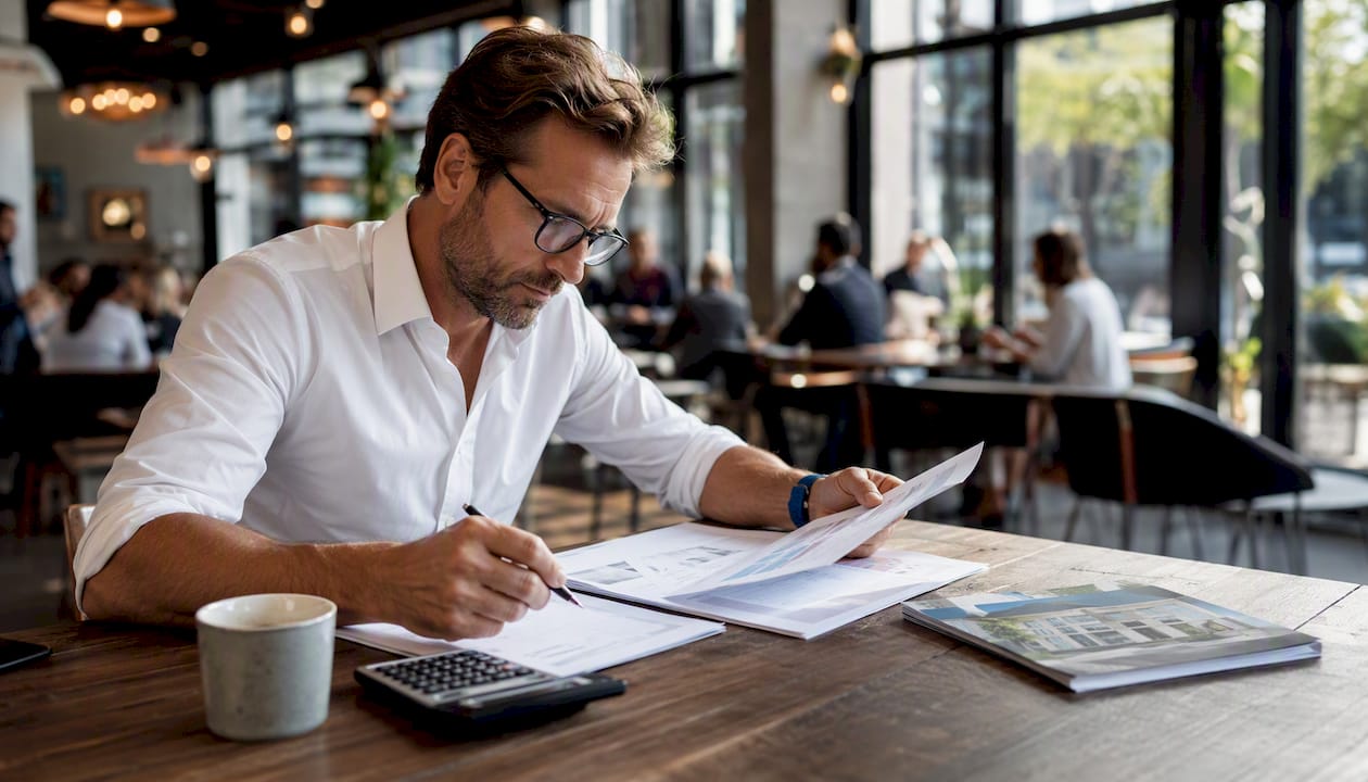 Investor reviewing real estate market reports at desk
