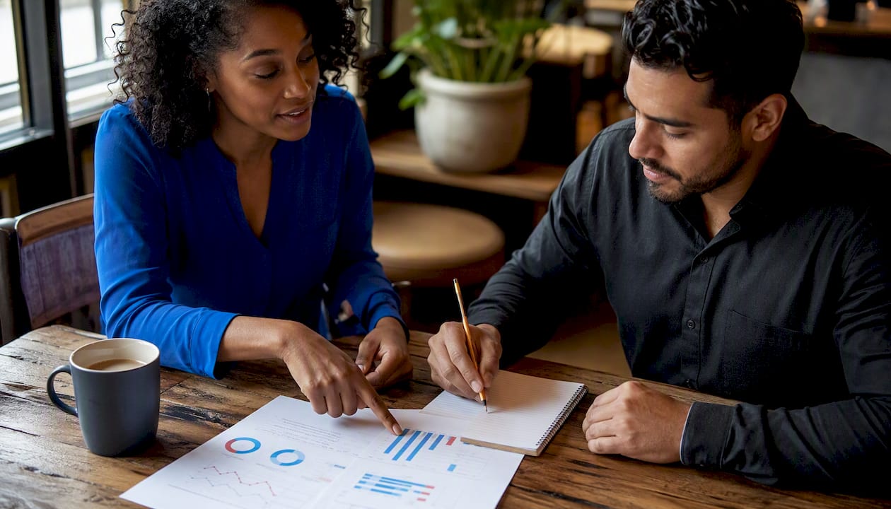 Two professionals discussing real estate analysis tools