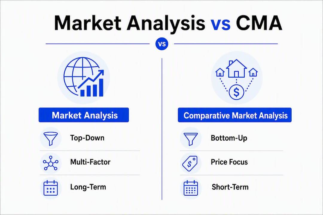 Infographic comparing market analysis and CMA duties