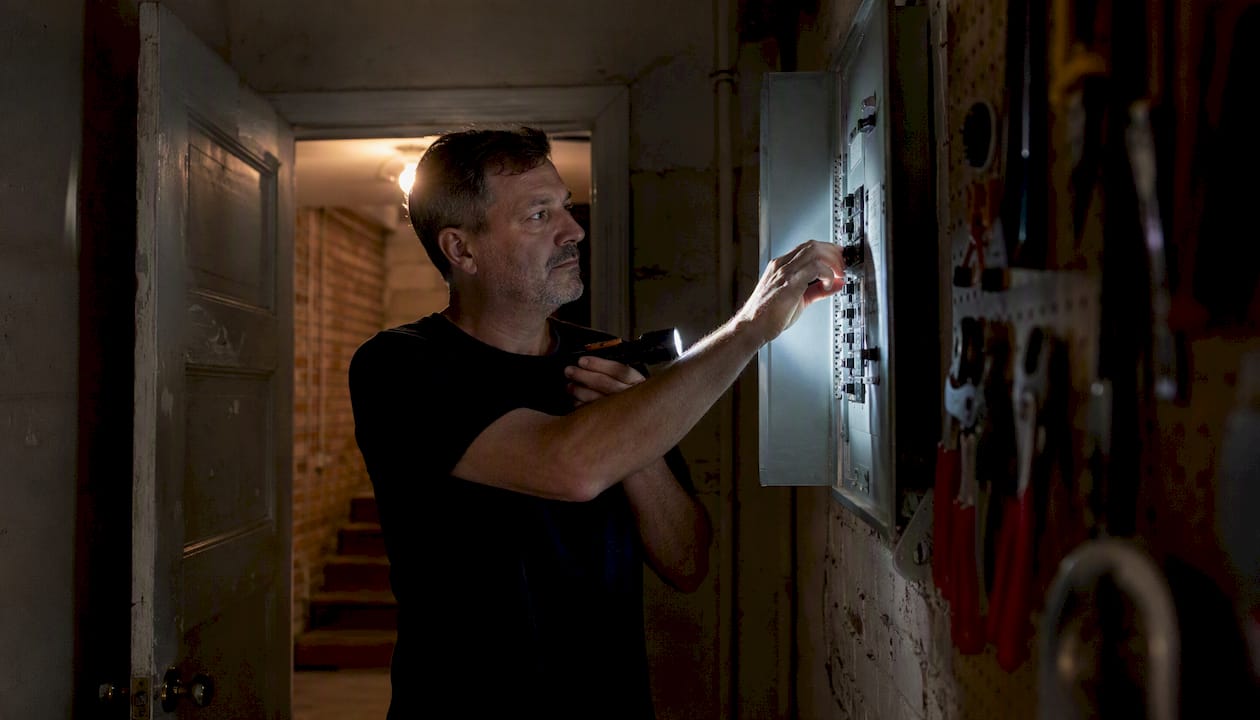 Landlord inspecting electrical panel in apartment