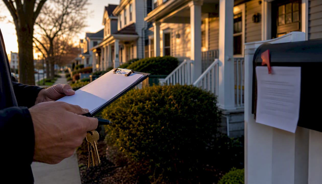 Hands holding clipboard and keys at rental property exterior