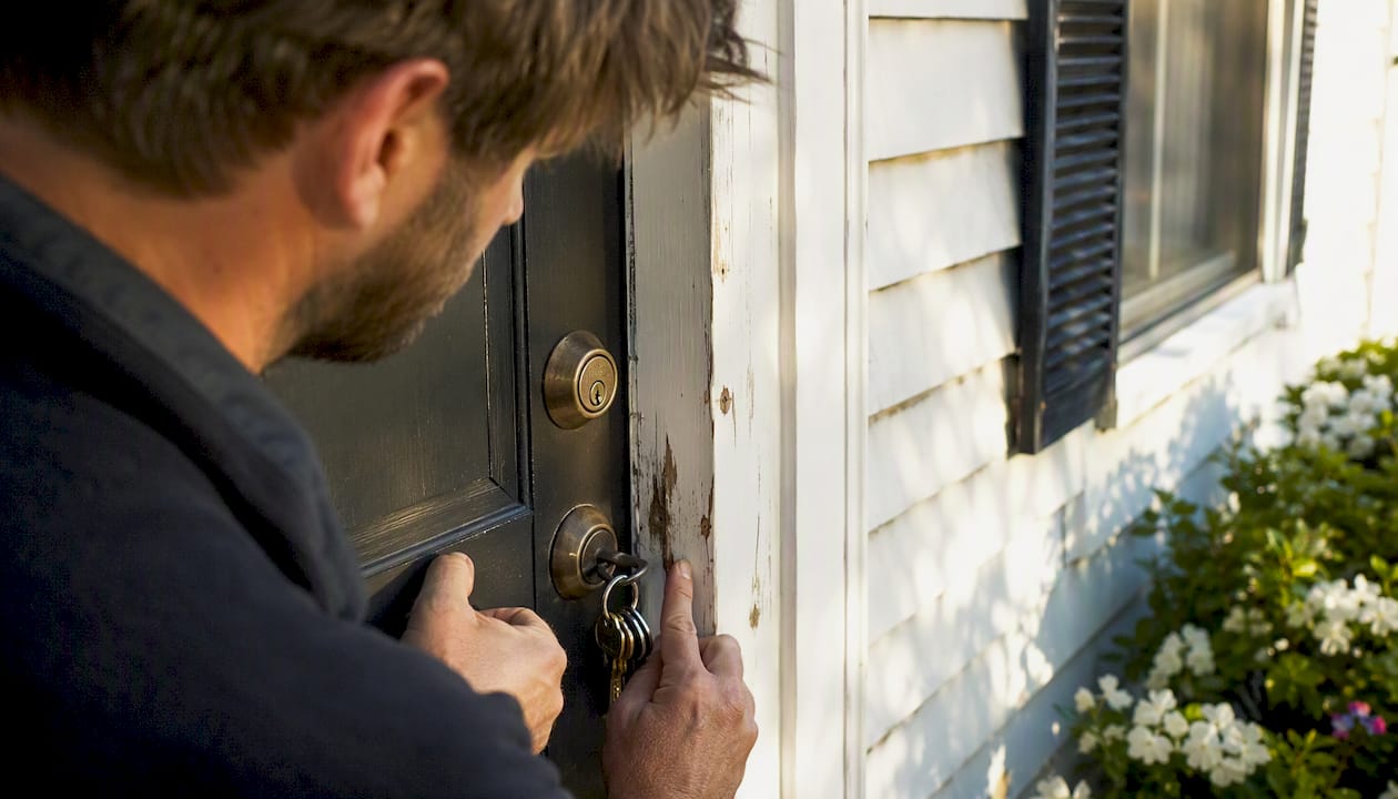 Landlord hands inspecting rental door lock