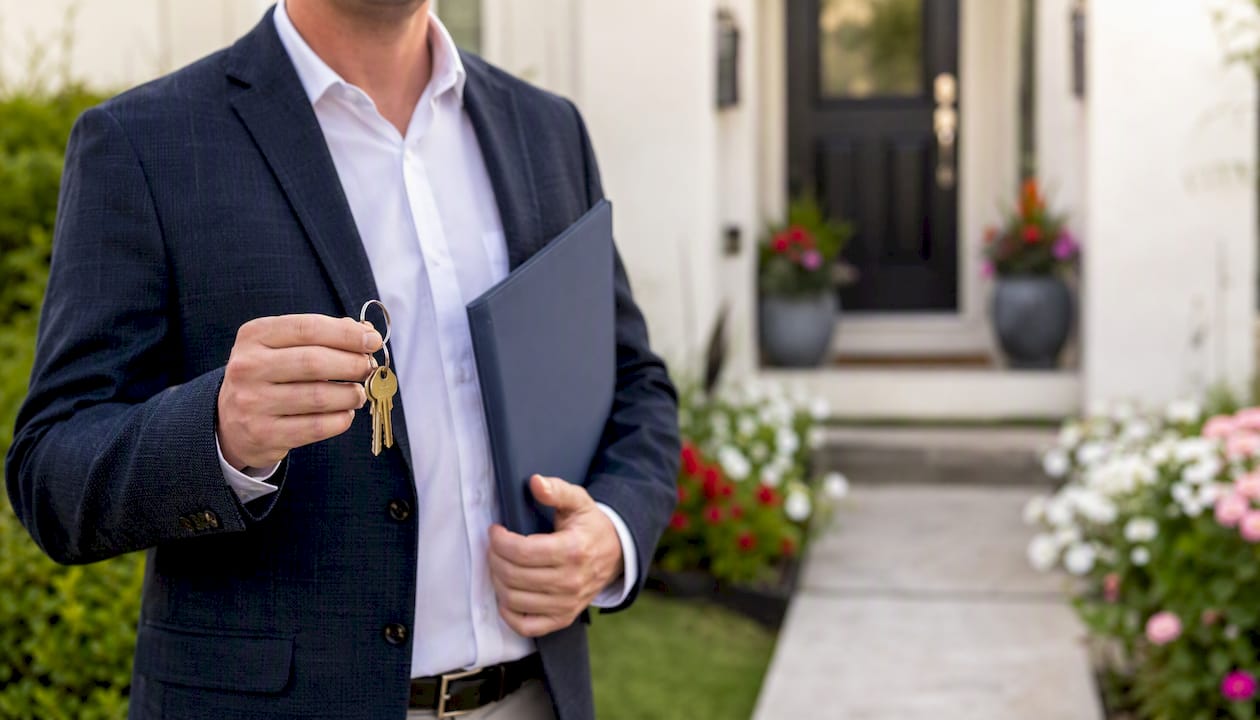 Landlord holding keys and lease folder at house entrance
