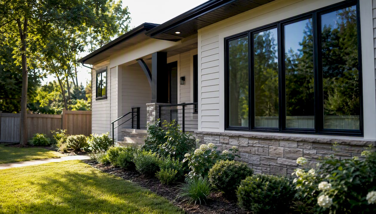 Modern rental home exterior in clear daylight