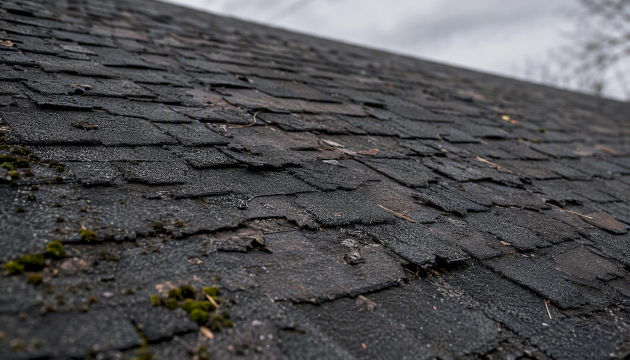 Close-up of aged damaged roof shingles