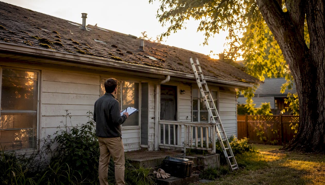 Landlord inspecting damaged roof of rental property